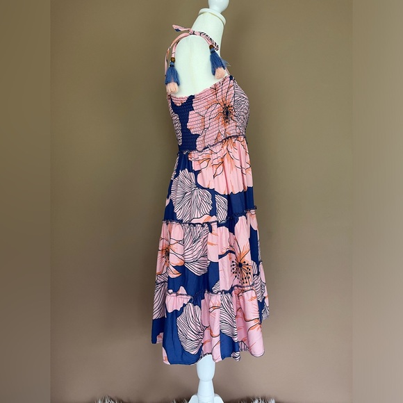 {Maaji} Smocked Chest Tiered Floral Mini Dress with Tie Straps - Womens Small - Picture 4 of 11